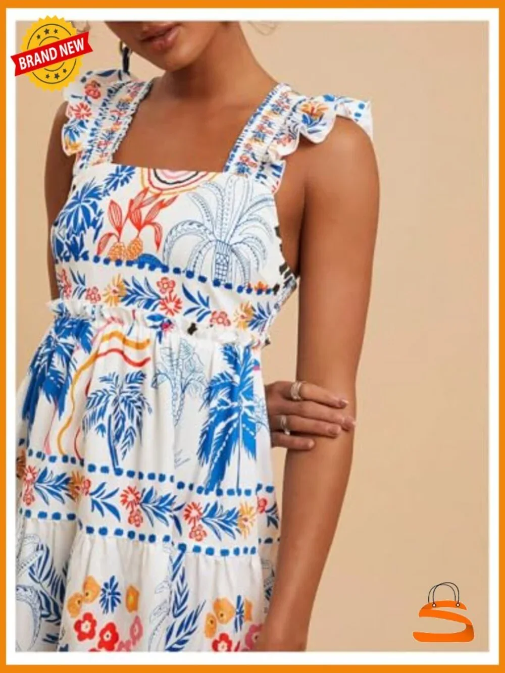 Floral Graphic Short Sleeveless Tank Dress Boho Ruffle Hem